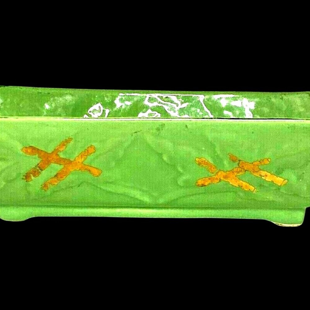 Vintage 103 USA 9x5x3 inch Footed Rectangle Green Planter Asian Gold Accents